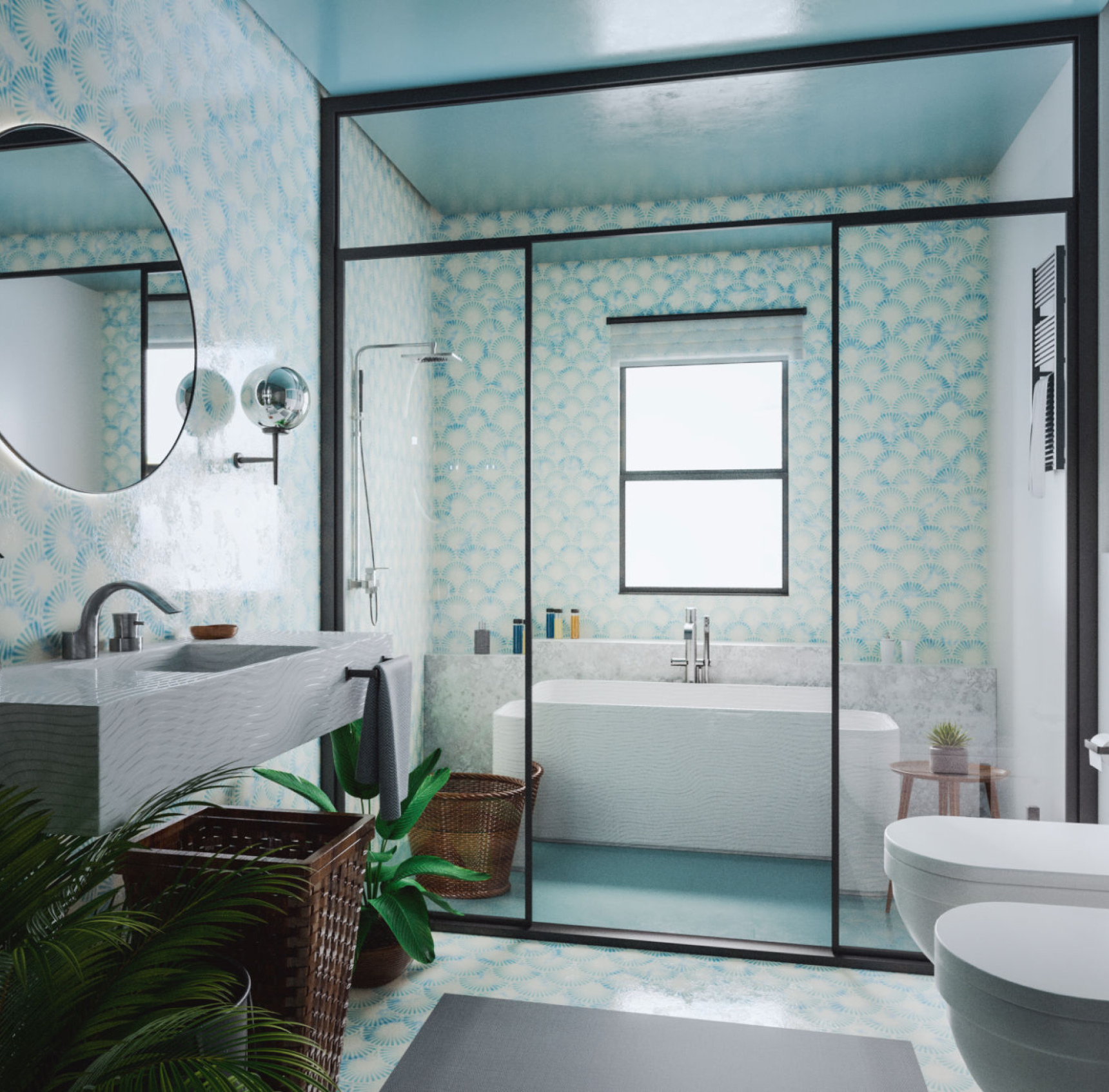 Modern bathroom with glass shower partition.