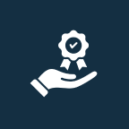 Hand holding certification badge on blue background.