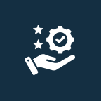 Hand holding gear with stars icon.