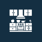 Kitchen icon with stove and cabinets.